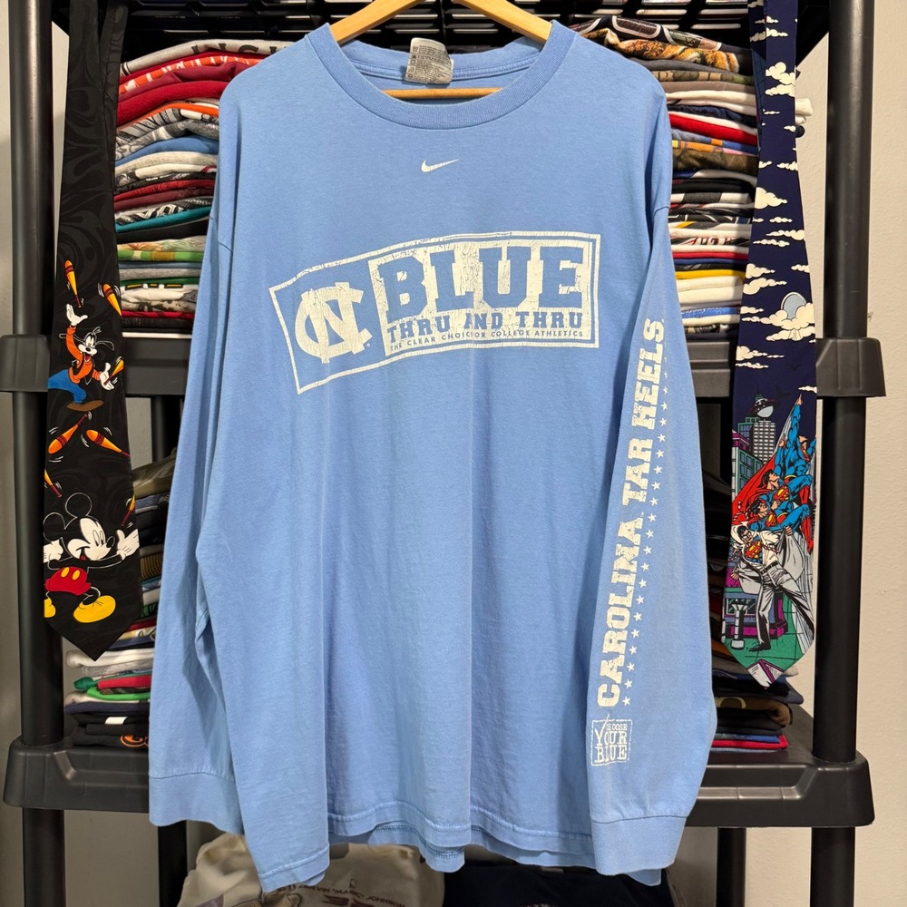 Y2K Light Blue Nike UNC Tar Heels Long Sleeve Shirt XL Light Cracking